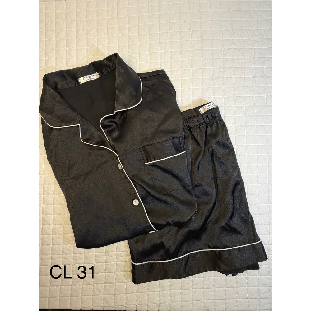 Ekouaer Womens Satin Pajama Set Black Short Sleeve Button Down Shorts Large